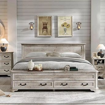 Farmhouse King & Queen Bed Frame with Storage Drawers and Bench, Platform Bed with Headboard