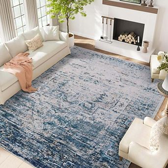 Vintage Distressed Ultra-Thin Washable Area Rug, Non-Slip Low Pile Soft Rug for Living Room Bedroom