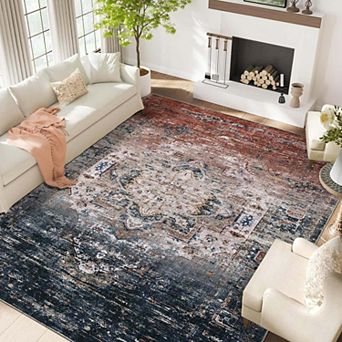 Vintage Distressed Ultra-Thin Washable Area Rug, Non-Slip Low Pile Soft Rug for Living Room Bedroom