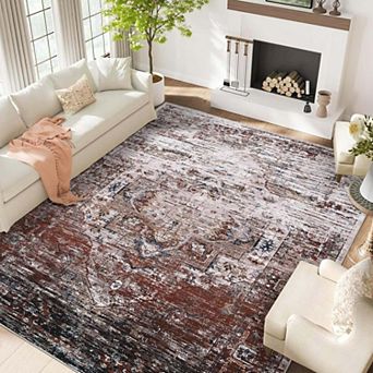 Vintage Distressed Ultra-Thin Washable Area Rug, Non-Slip Low Pile Soft Rug for Living Room Bedroom