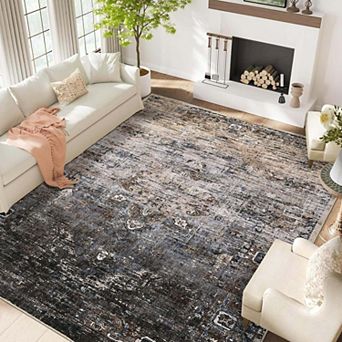 Vintage Distressed Ultra-Thin Washable Area Rug, Non-Slip Low Pile Soft Rug for Living Room Bedroom