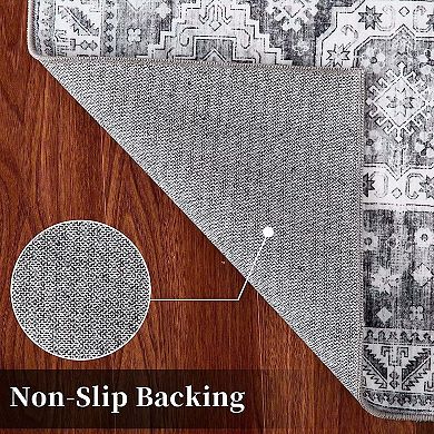 Vintage Distressed Machine Washable Runner Rug-Non-Slip Low Pile Carpet for Kitchen Living Room
