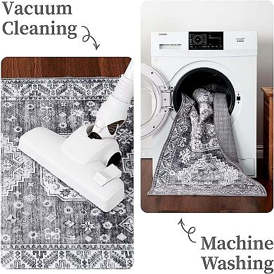 Vintage Distressed Machine Washable Runner Rug-Non-Slip Low Pile Carpet for Kitchen Living Room