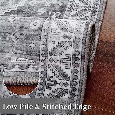 Vintage Distressed Machine Washable Runner Rug-Non-Slip Low Pile Carpet for Kitchen Living Room