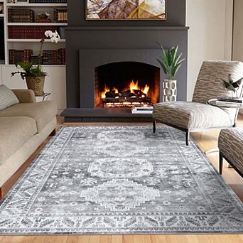 Vintage Distressed Machine Washable Runner Rug-Non-Slip Low Pile Carpet for Kitchen Living Room
