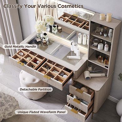 48" Makeup Vanity Desk with 36" HD Lighted Mirror, Glass Top Vanity Table with Drawers & Shelves