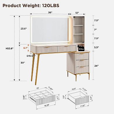 48" Makeup Vanity Desk with 36" HD Lighted Mirror, Glass Top Vanity Table with Drawers & Shelves