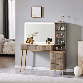 48" Makeup Vanity Desk with 36" HD Lighted Mirror, Glass Top Vanity Table with Drawers & Shelves