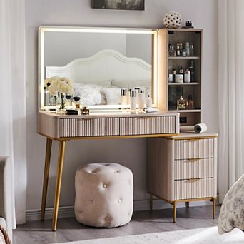 48" Makeup Vanity Desk with 36" HD Lighted Mirror, Glass Top Vanity Table with Drawers & Shelves