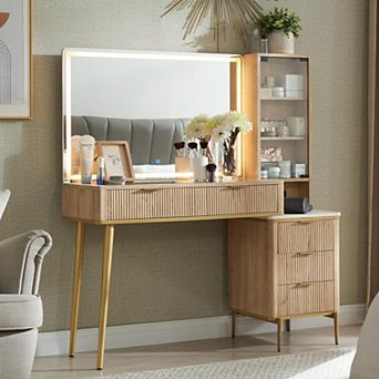 48" Makeup Vanity Desk with 36" HD Lighted Mirror, Glass Top Vanity Table with Drawers & Shelves