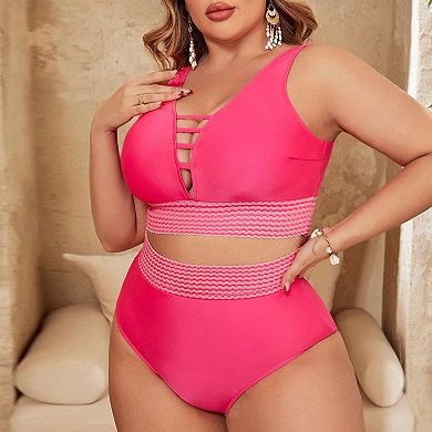 Plus Size Women’s Two-Piece Swimsuit Set Tank Top & High Waisted Bottoms Cutout Design Bathing Suit