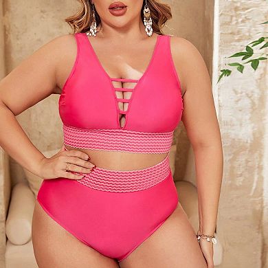 Plus Size Women’s Two-Piece Swimsuit Set Tank Top & High Waisted Bottoms Cutout Design Bathing Suit