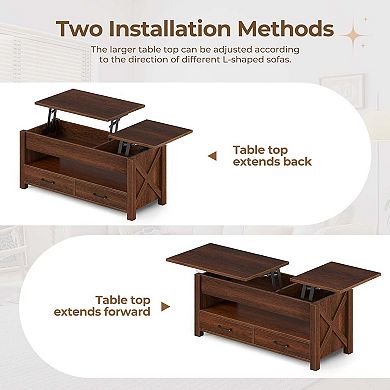 Split Lift Top Coffee Table with Drawers, Center Table with Adjustable Height & Hidden Compartment