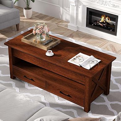 Split Lift Top Coffee Table with Drawers, Center Table with Adjustable Height & Hidden Compartment
