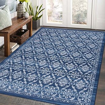 Vintage Floral Washable Area Rug-Non-Slip Stain Resistant Retro Throw Carpet for Dining Room Home