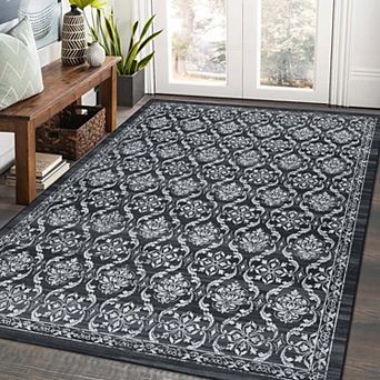 Vintage Floral Washable Area Rug-Non-Slip Stain Resistant Retro Throw Carpet for Dining Room Home