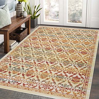 Vintage Floral Washable Area Rug-Non-Slip Stain Resistant Retro Throw Carpet for Dining Room Home