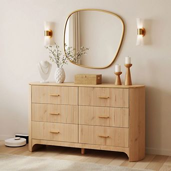 Fluted 6-Drawer Tall Dresser, 53.9" Wide Curved Storage Cabinet for Bedroom Living Room