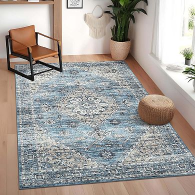 Vintage Distressed Floral Runner Rug-Boho Farmhouse Non-Slip Low Pile for Hallway Kitchen Bedroom