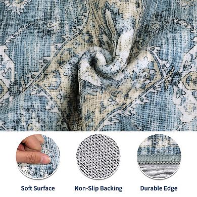 Vintage Distressed Floral Runner Rug-Boho Farmhouse Non-Slip Low Pile for Hallway Kitchen Bedroom