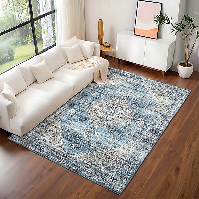 Vintage Distressed Floral Runner Rug-Boho Farmhouse Non-Slip Low Pile for Hallway Kitchen Bedroom