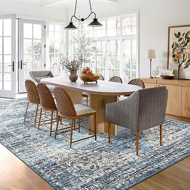 Vintage Distressed Floral Runner Rug-Boho Farmhouse Non-Slip Low Pile for Hallway Kitchen Bedroom