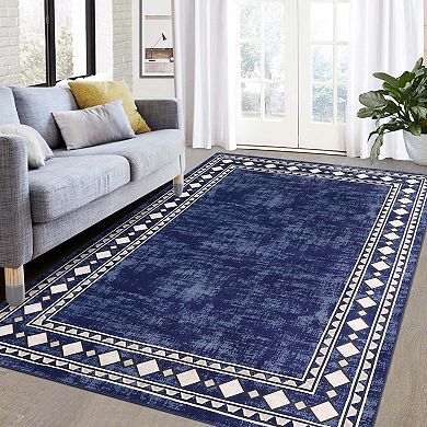 Geometric Bordered Washable Area Rug, Non-Slip Low Pile Stain Resistant Carpet for Living Room