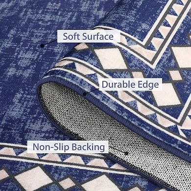 Geometric Bordered Washable Area Rug, Non-Slip Low Pile Stain Resistant Carpet for Living Room