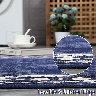 Geometric Bordered Washable Area Rug, Non-Slip Low Pile Stain Resistant Carpet for Living Room