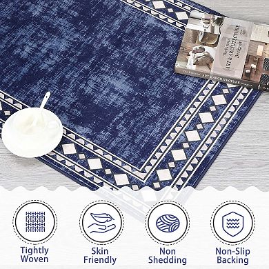 Geometric Bordered Washable Area Rug, Non-Slip Low Pile Stain Resistant Carpet for Living Room