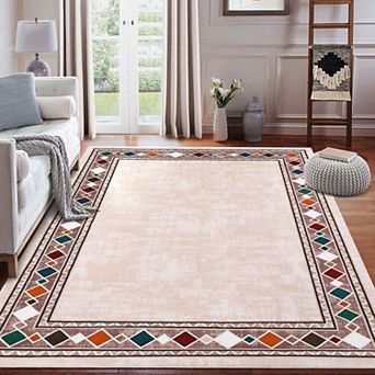 Geometric Bordered Washable Area Rug, Non-Slip Low Pile Stain Resistant Carpet for Living Room