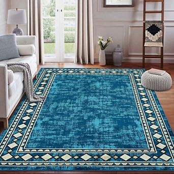 Geometric Bordered Washable Area Rug, Non-Slip Low Pile Stain Resistant Carpet for Living Room