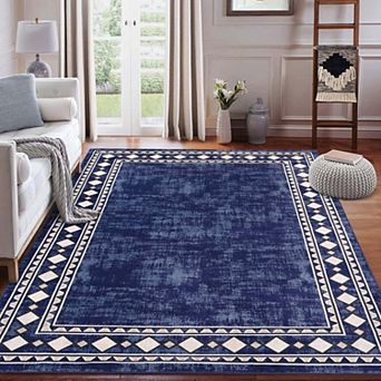 Geometric Bordered Washable Area Rug, Non-Slip Low Pile Stain Resistant Carpet for Living Room