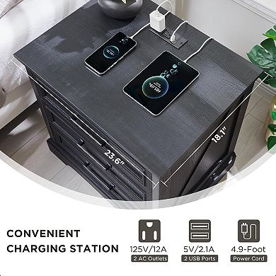 Nightstand with Charging Station, 24" Wide Farmhouse End Table w/ 3 Drawers & Handles, Bedside Table