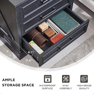 Nightstand with Charging Station, 24" Wide Farmhouse End Table w/ 3 Drawers & Handles, Bedside Table