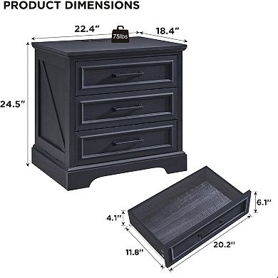 Nightstand with Charging Station, 24" Wide Farmhouse End Table w/ 3 Drawers & Handles, Bedside Table