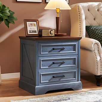 Nightstand with Charging Station, 24" Wide Farmhouse End Table w/ 3 Drawers & Handles, Bedside Table