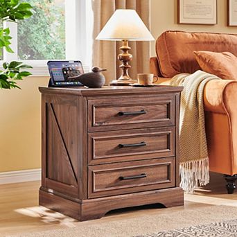 Nightstand with Charging Station, 24" Wide Farmhouse End Table w/ 3 Drawers & Handles, Bedside Table