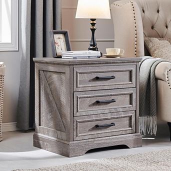 Nightstand with Charging Station, 24" Wide Farmhouse End Table w/ 3 Drawers & Handles, Bedside Table