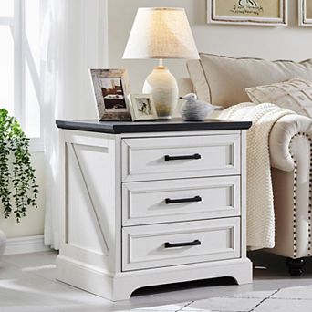 Nightstand with Charging Station, 24" Wide Farmhouse End Table w/ 3 Drawers & Handles, Bedside Table