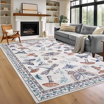 Modern Insect Floral Print Washable Area Rug-Stain Resistant Non-Slip Foldable Rugs for Living Room