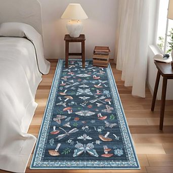 Modern Insect Floral Print Washable Area Rug-Stain Resistant Non-Slip Foldable Rugs for Living Room