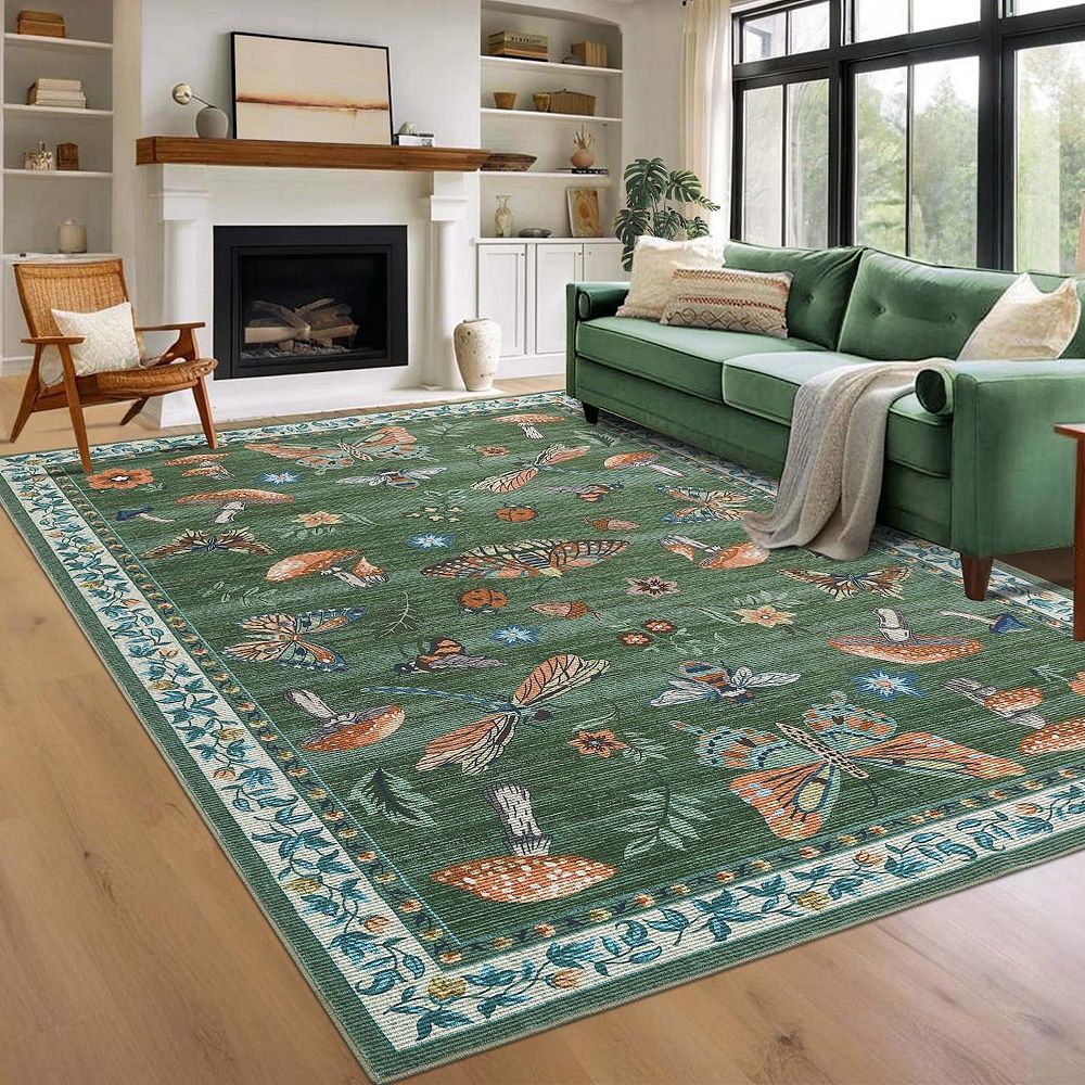 Modern Insect Floral Print Washable Area Rug-Stain Resistant Non-Slip ...