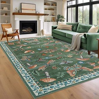 Modern Insect Floral Print Washable Area Rug-Stain Resistant Non-Slip Foldable Rugs for Living Room