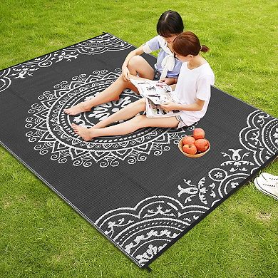 Reversible Plastic Straw Modern Area Rug, Large Floor Mat for Patio Beach Camping Backyard Outdoor