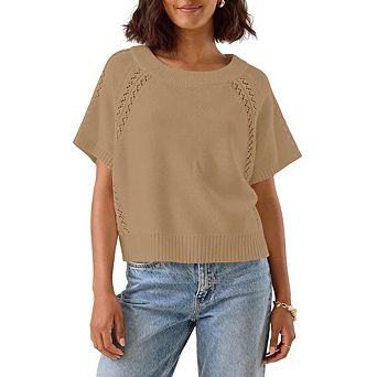 Women Knit Crochet Top Short Sleeve Crew Neck Loose Fit Casual Knitted Pullover Sweater Casual