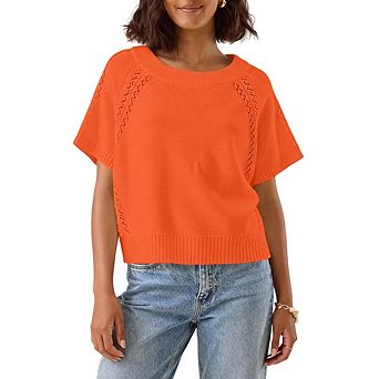 Women Knit Crochet Top Short Sleeve Crew Neck Loose Fit Casual Knitted Pullover Sweater Casual