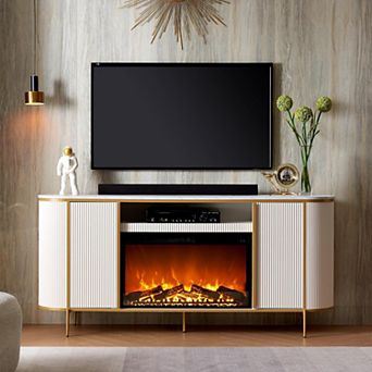 70" Electric Fireplace TV Stand with 1500W Heater, Modern Fluted Media Console with Faux Marble Top