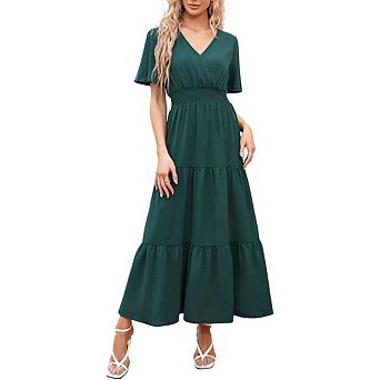 Women's Summer Wrap V Neck Flutter Sleeve Maxi Dress Casual Smocked Waist Flowy Tiered Long Dress