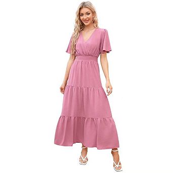Women's Summer Wrap V Neck Flutter Sleeve Maxi Dress Casual Smocked Waist Flowy Tiered Long Dress